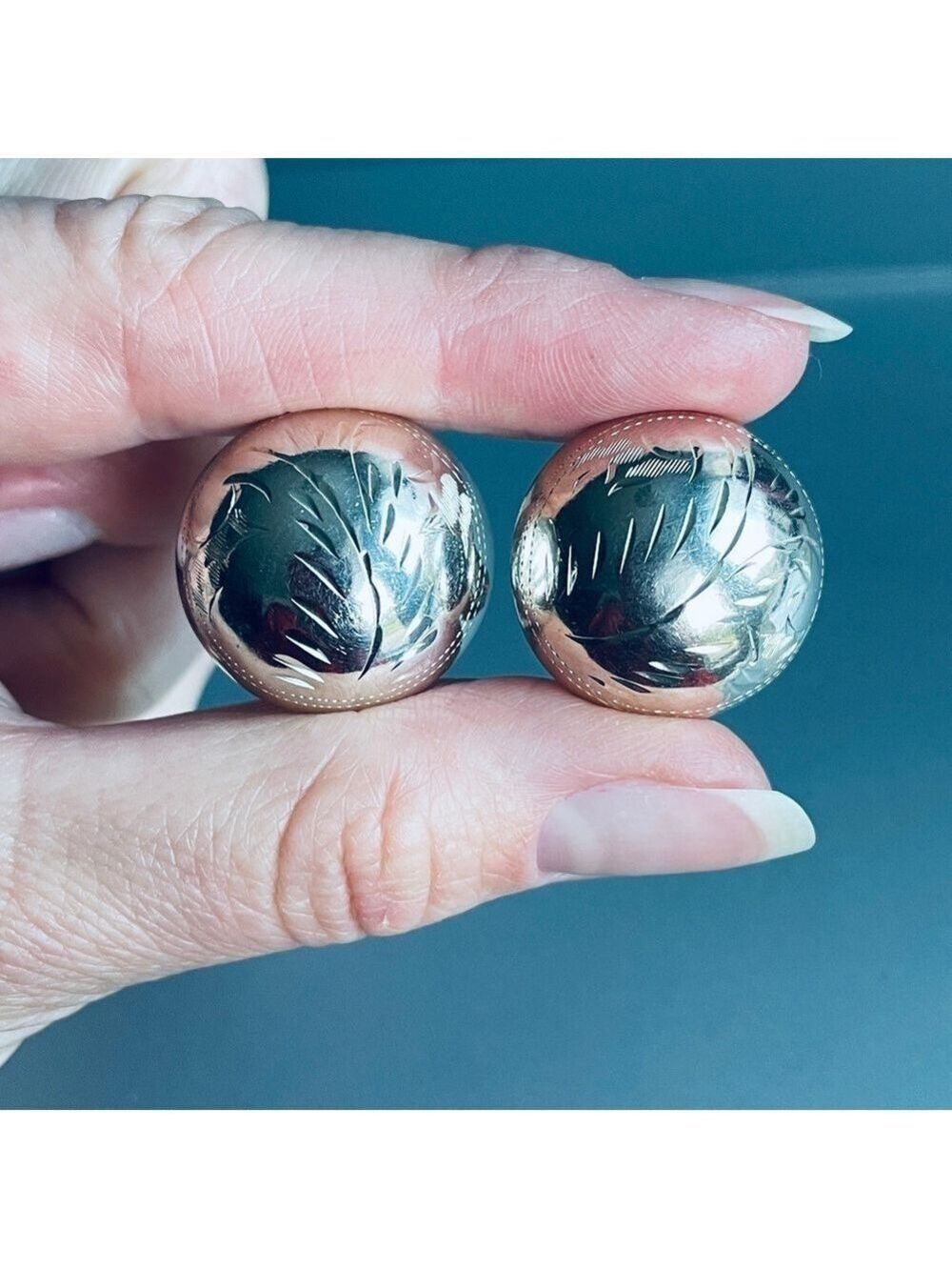 Vintage Etched Dome Button Round Sterling Silver Clip On Earrings